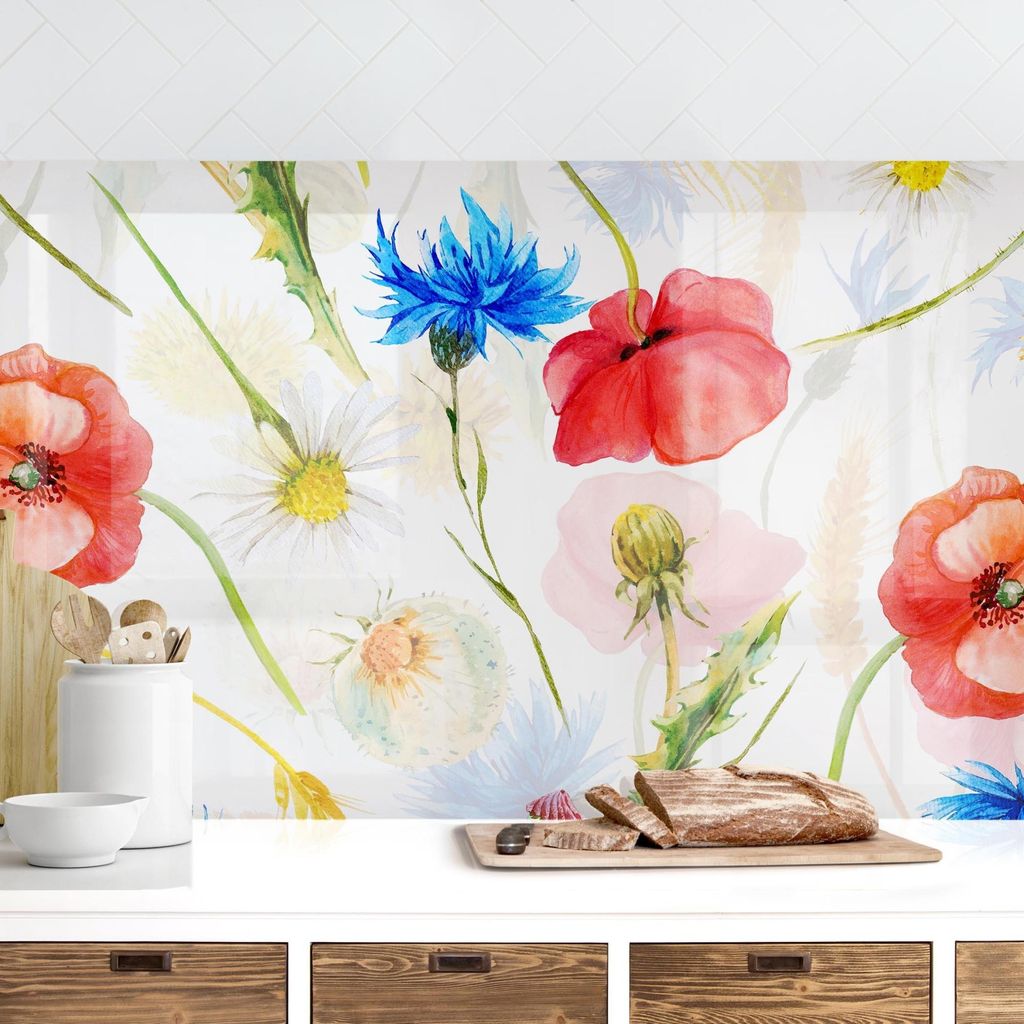 Küchenrückwand Blumen selbstklebend - 0.65 mm Wandpaneel wasserfest Blumenwiese bunt Aquarell Illustration Spritzschutz fugenlos