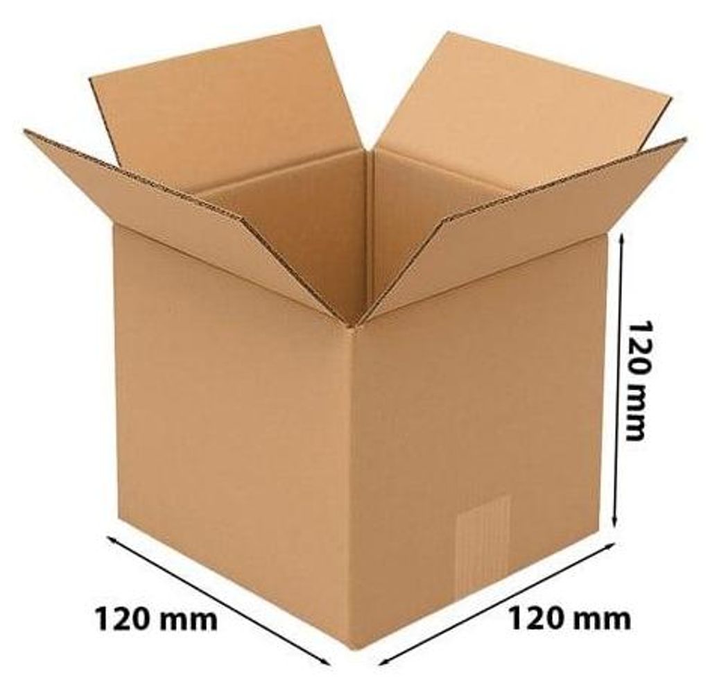 A brown cardboard box with its flaps open, showing its dimensions.