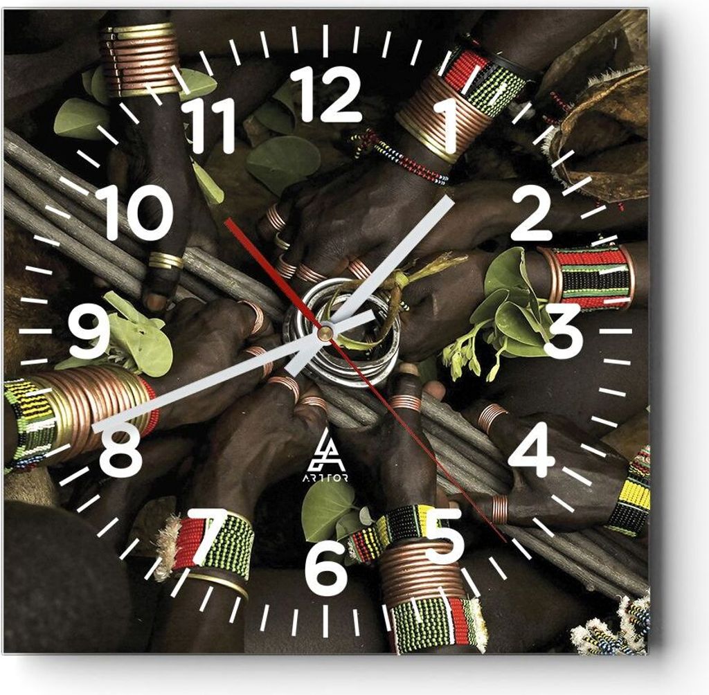 Wanduhr - Quadrat - Glasuhr - Äthiopien Ritual Stamm - 30x30cm - Schleichendes Uhrwerk - Lautlos - zum Aufhängen bereit - Dekoration Modern - Wan...