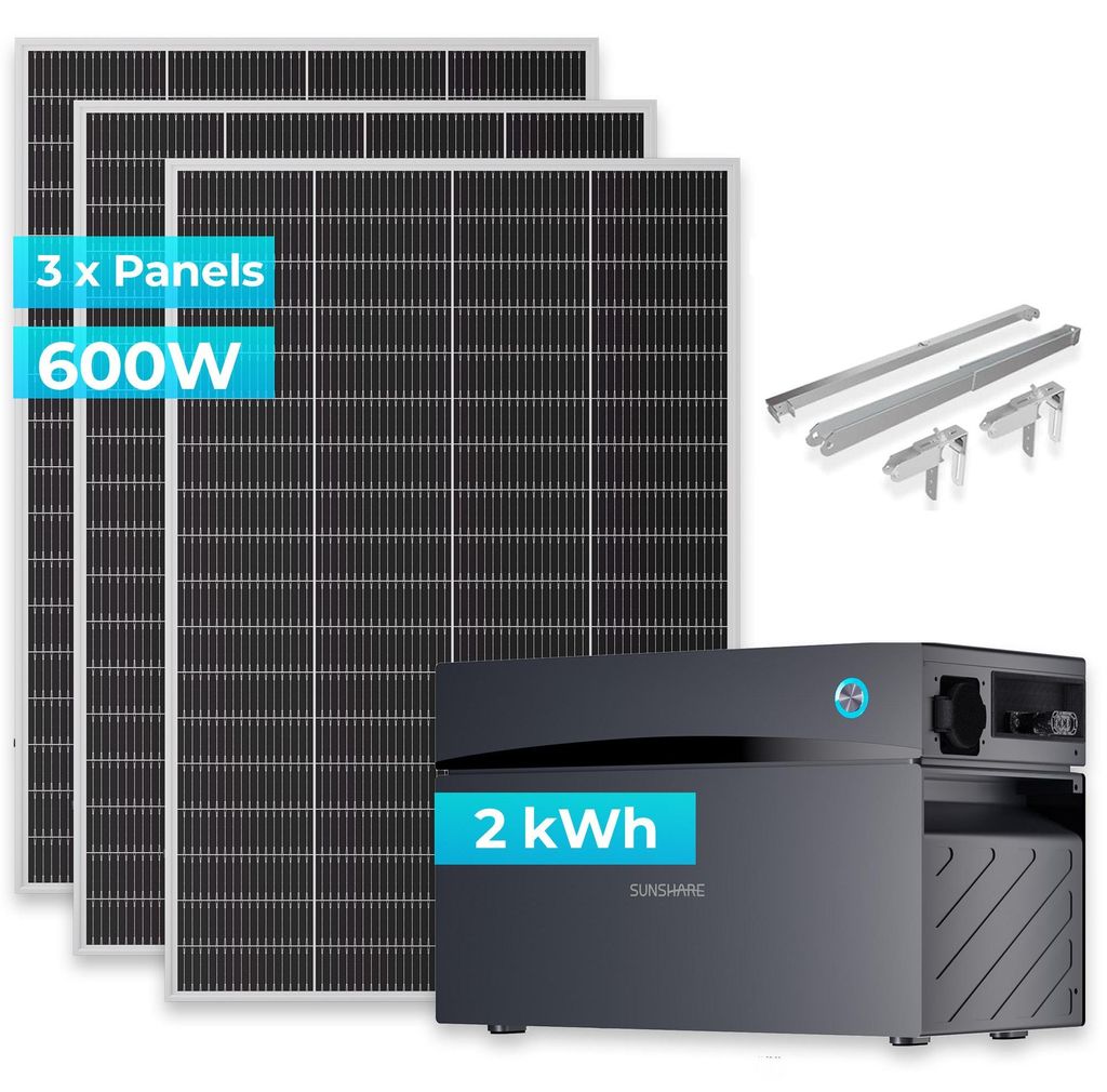 SUNSHARE Ray Lite 600W + 2 kWh Kapazität Balkonkraftwerk-Komplettset Glory Stromspeicher & Halterung – Modular erweiterbares Solarsystem
