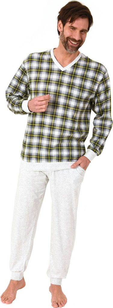 Normann Herren Langarm Schlafanzug mit Bündchen Pyjama Oberteil kariert-auch in Übergröße ; grau , 52