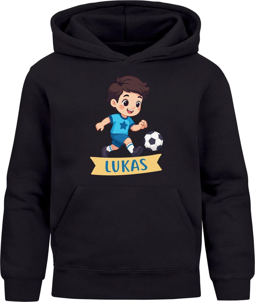 Kinder Hoodie Jungen mit Namen Geschenk Fussball Comicfigur personalisierte Jungengeschenke Geschenkidee Fussballfan Moonworks