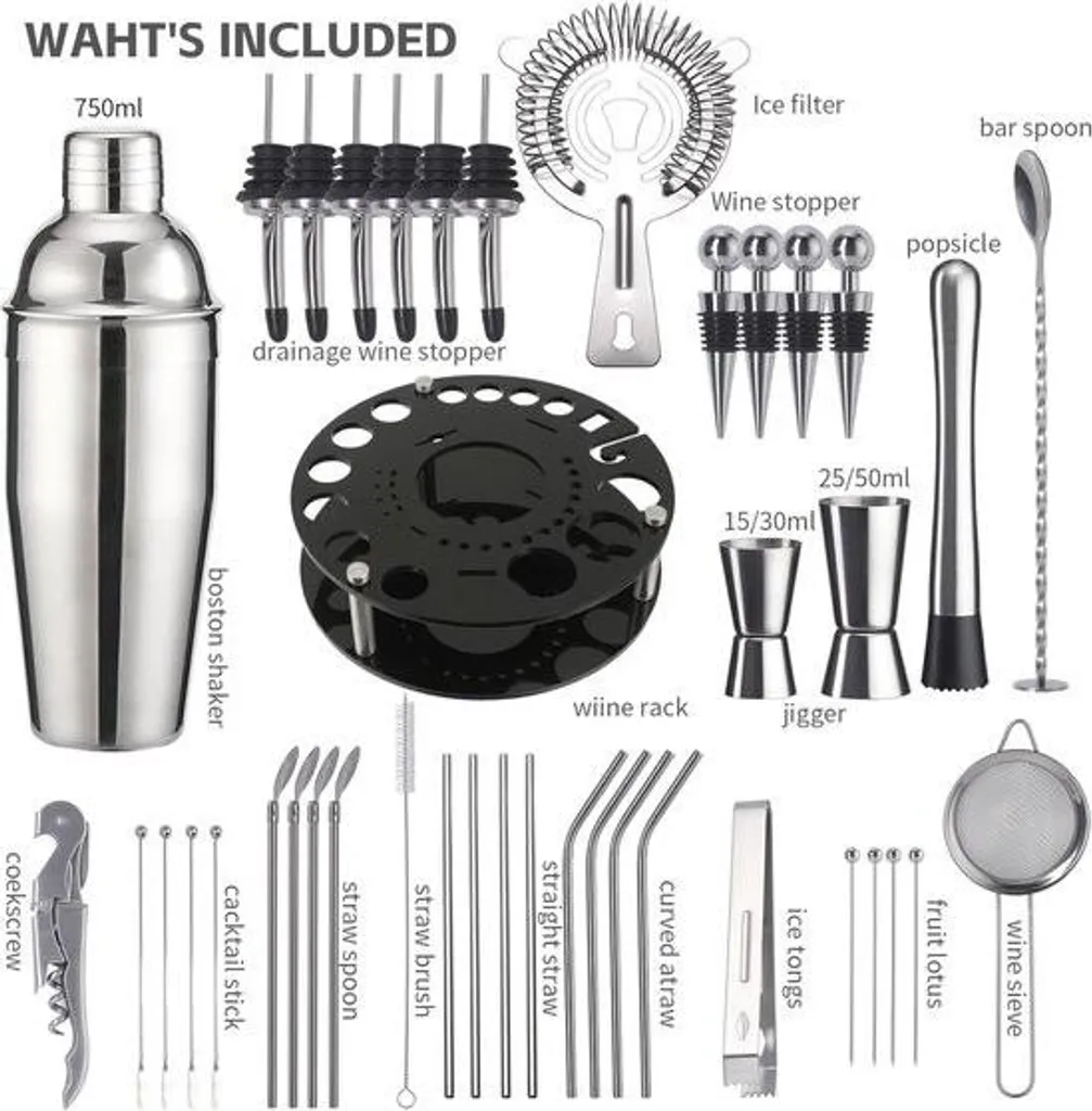 Set cocktail inox 41 pièces shaker robuste et accessoires de précision - 2