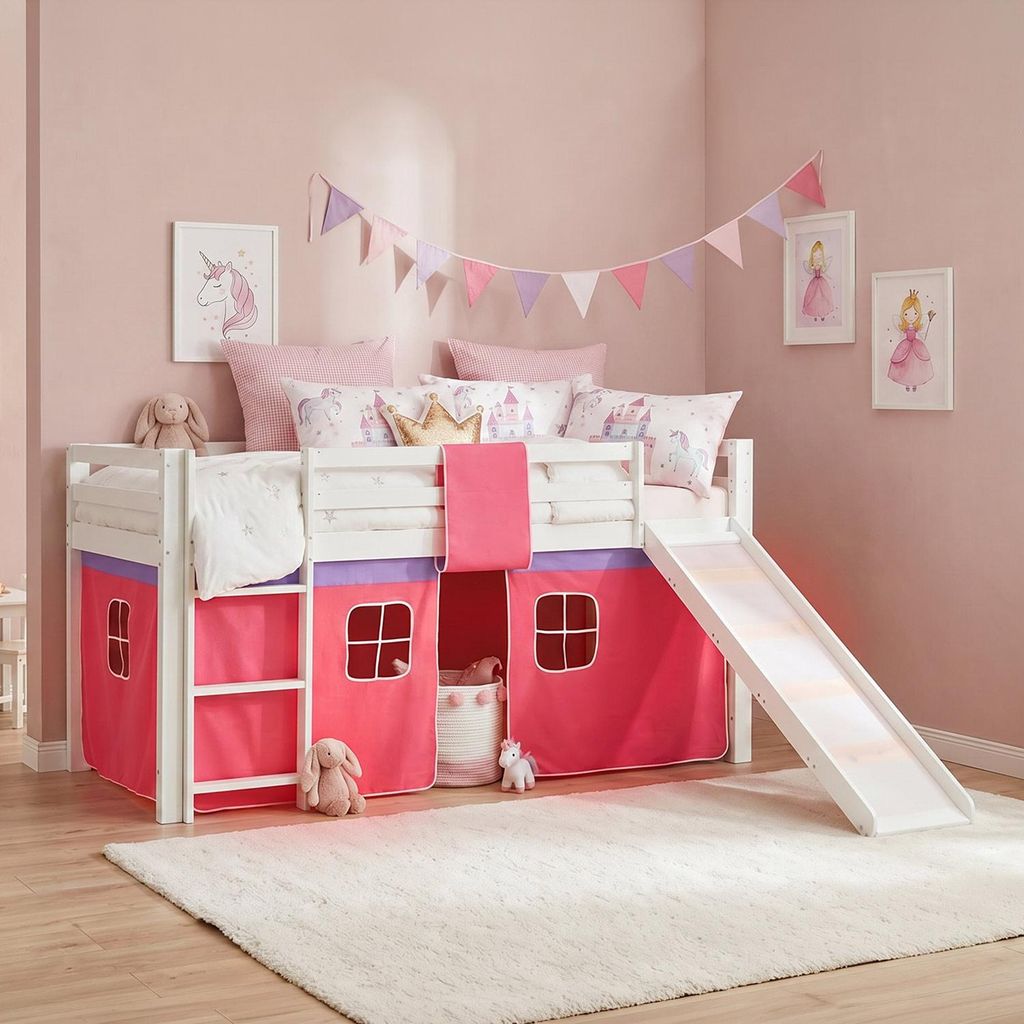 Homestyle4u Hochbett 90x200 mit Rutsche Lattenrost Vorhang Produktbild 