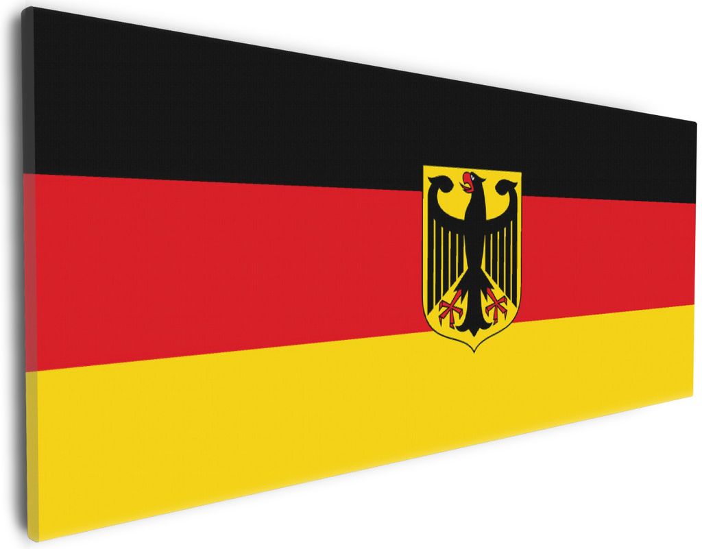 Wallario Premium Leinwandbild Deutsche Flagge mit Wappen in Größe 30 x 75 cm