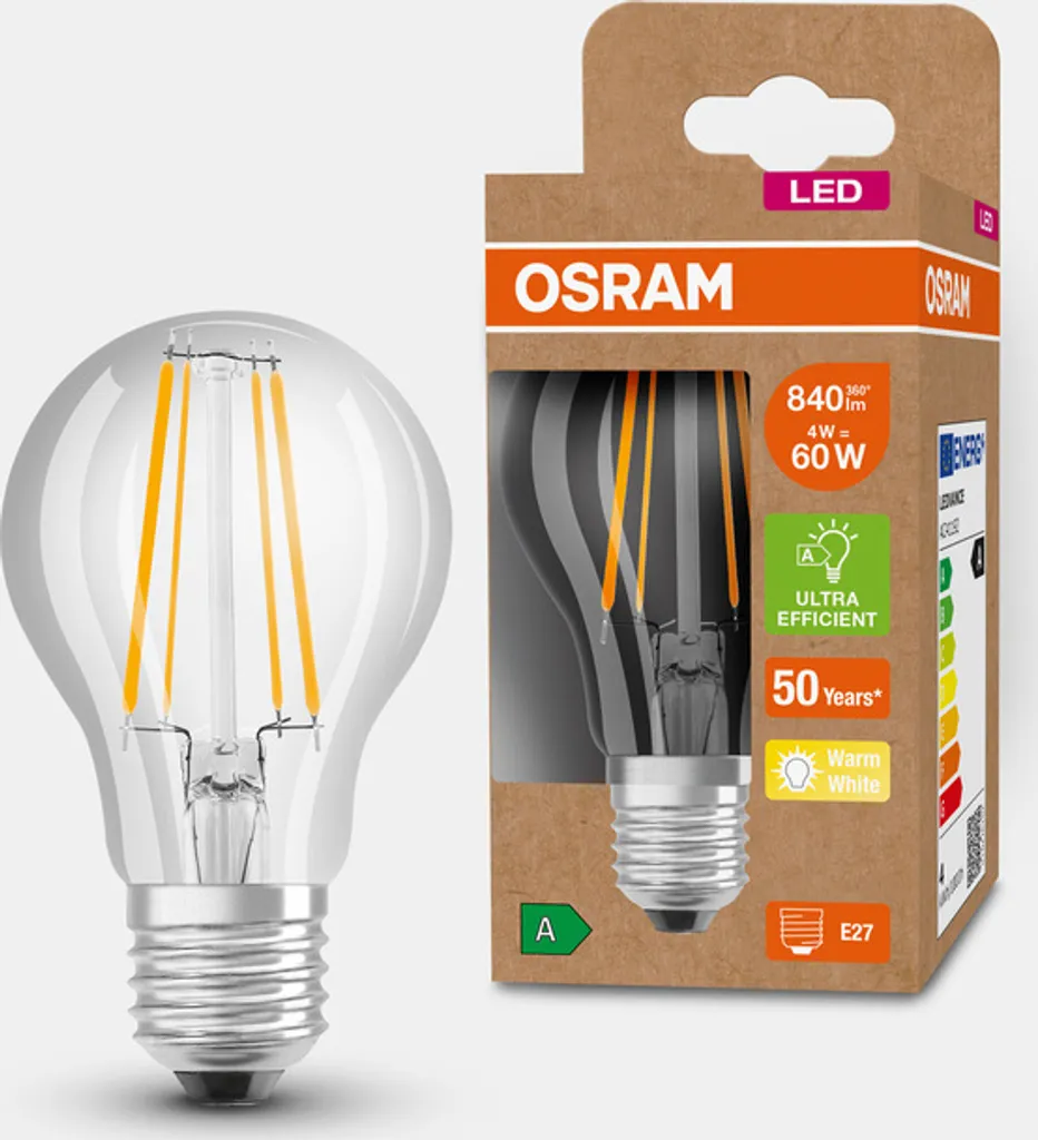 Lampe LED E27 Osram Forme Classique A60 Filament 4W Finition Transparente