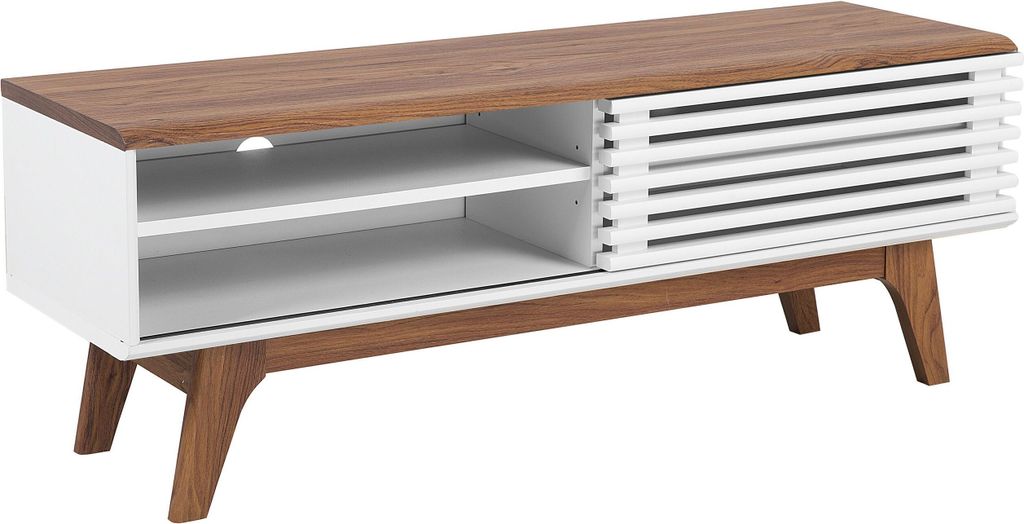 BELIANI Fernsehtisch Dunkler Holzfarbton Weiß MDF Platte Holzfurnierte MDF Platte 44 x 117 x 35 cm Trendy Modern Viel Stauraum 2 Fächer Wohnzimmer