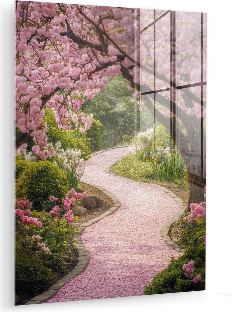 MuchoWow Glasbilder - Bilder auf Wandbild - Foto auf Glas Kirschblüte - Natur - Sakura - Weg - Japanischer Garten 60x80 cm Wanddekoration aus Glas...