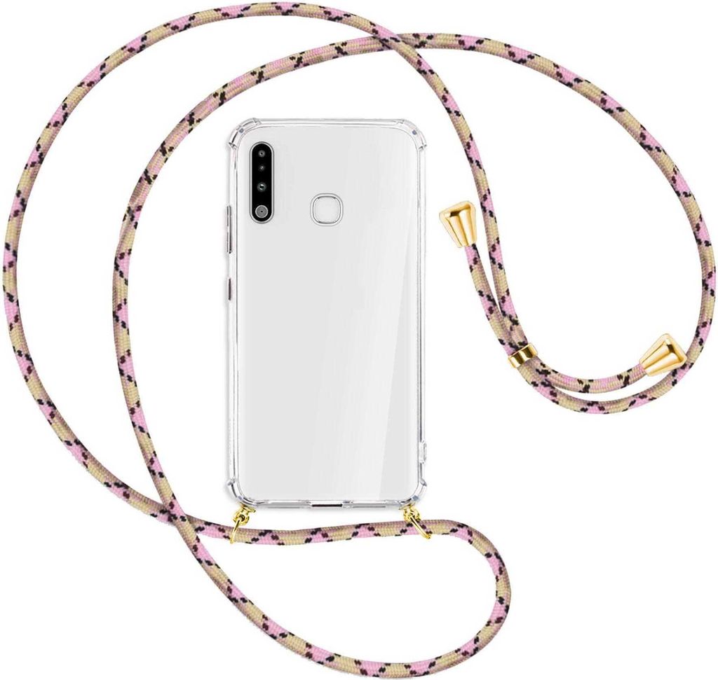Handykette Backcover-Schutzhülle mit Band (Metall goldfarben) für Samsung Galaxy A70e - rosa Karo