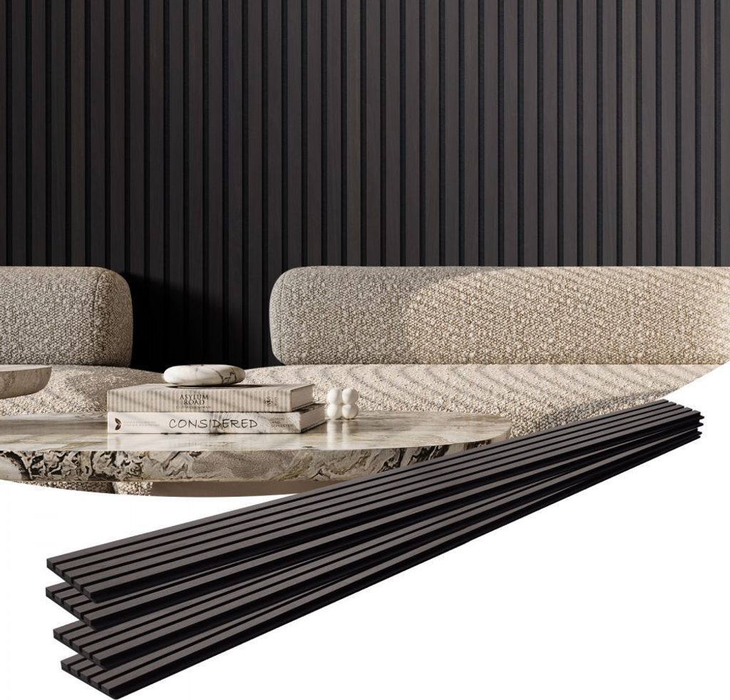 Akustikpaneele - 4x Wandpaneele aus schwarzer Eiche - Lamellenwand 240x20cm - Schallschutz für Wohnzimmer und Büro