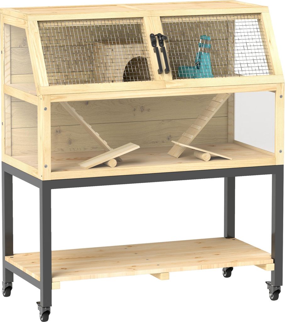 Fortuna Lai Zwerghamsterkäfig aus Holz, 87 x 43 x 101 cm Nagerkäfig mit Ablagefläche, Wasserflasche, Hütte, Wippen, Kleintierkäfig mit Rädern...