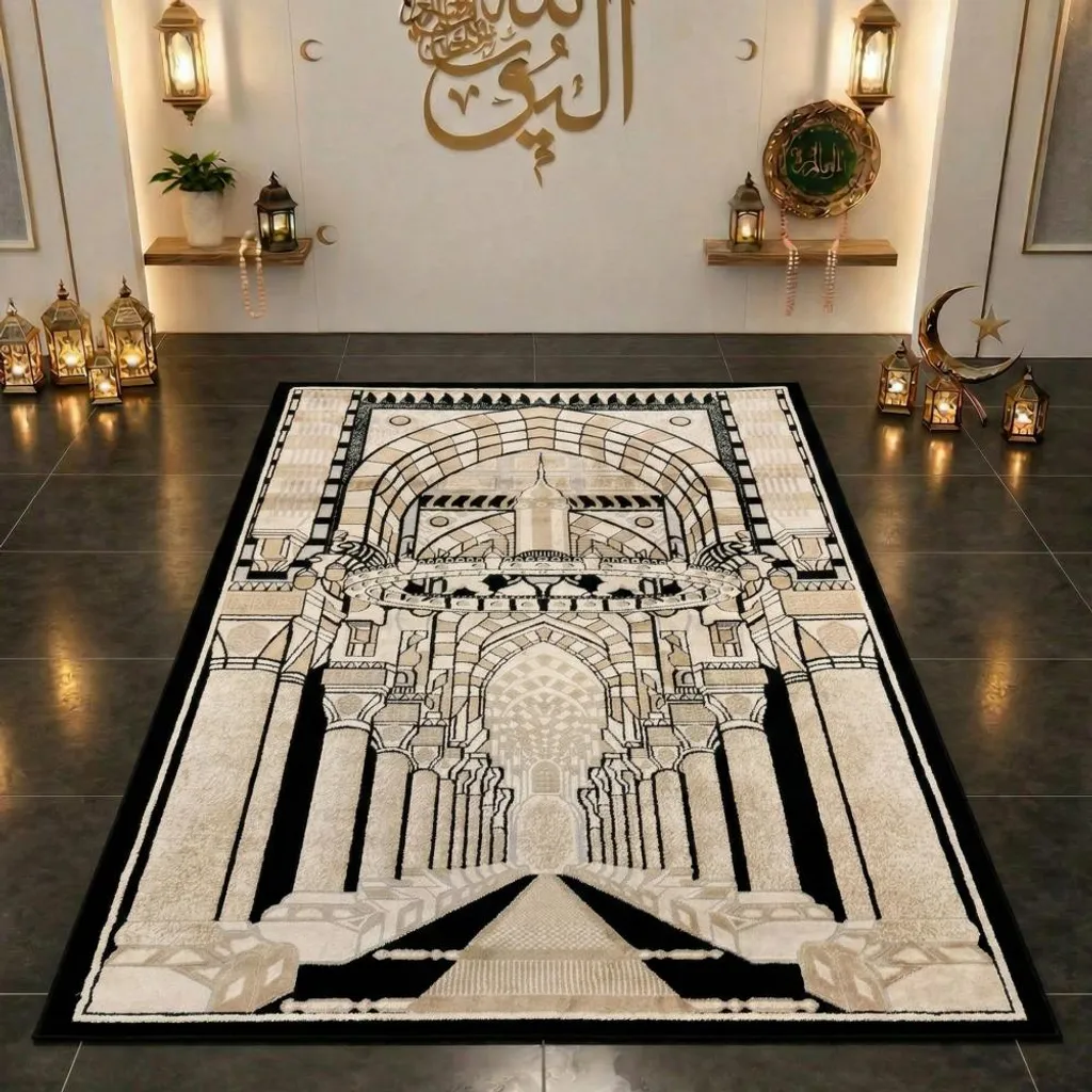 Tapis de prière motif mosquée noir et beige premium - 80 x 120 cm