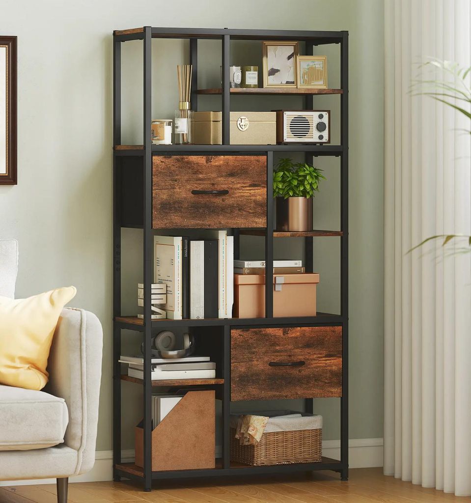 Küchenregale, Aufbewahrungsregal, Bücherregal 2 Stoffschubladen, 9 offene Fächer,Regal mit Stahlrahmen,Wohnzimmer