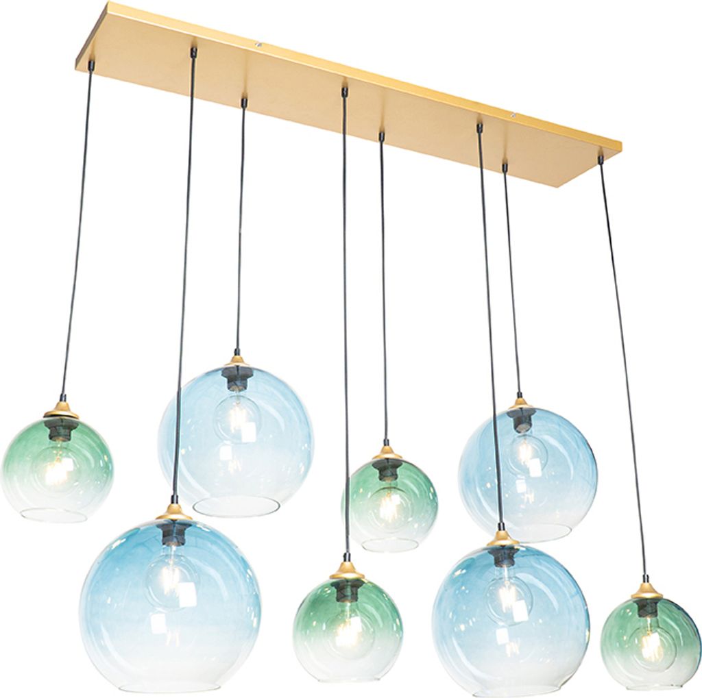 QAZQA - Art Deco Hängelampe I Pendellampe I Pendelleuchte Messing mit blauem und grünem Glas 8 Lichter - Sandra I Wohnzimmer I Schlafzimmer - Lä...