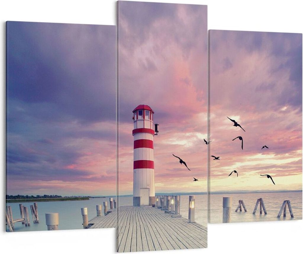 Bild auf Leinwand - Leinwandbild - 3 Teile - Laterne Meer Küste - 130x100cm - Wand Bild - Wanddeko - Wandbilder - Leinwanddruck - Bilder - Wanddek...