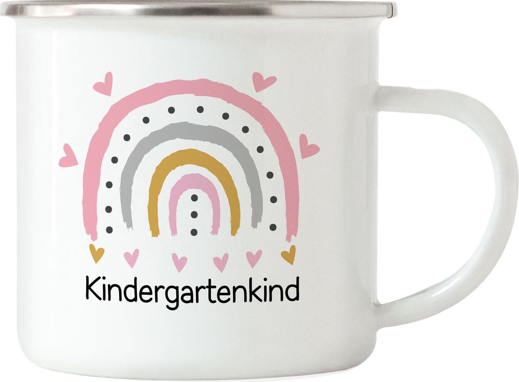 Kindergartenkind Emaille Tasse Geschenk Kindergarten Start Kita Rosa Herzen Regenbogen Mädchen