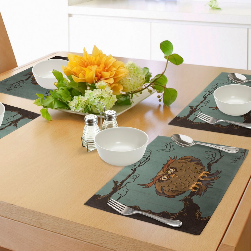 ABAKUHAUS Eule Platzmatten, Müde Eule des erschöpften Katers in der Eiche mit Augenbrauen-Natur-Karikatur-lustiger Grafik, Tiscjdeco aus Farbfest...