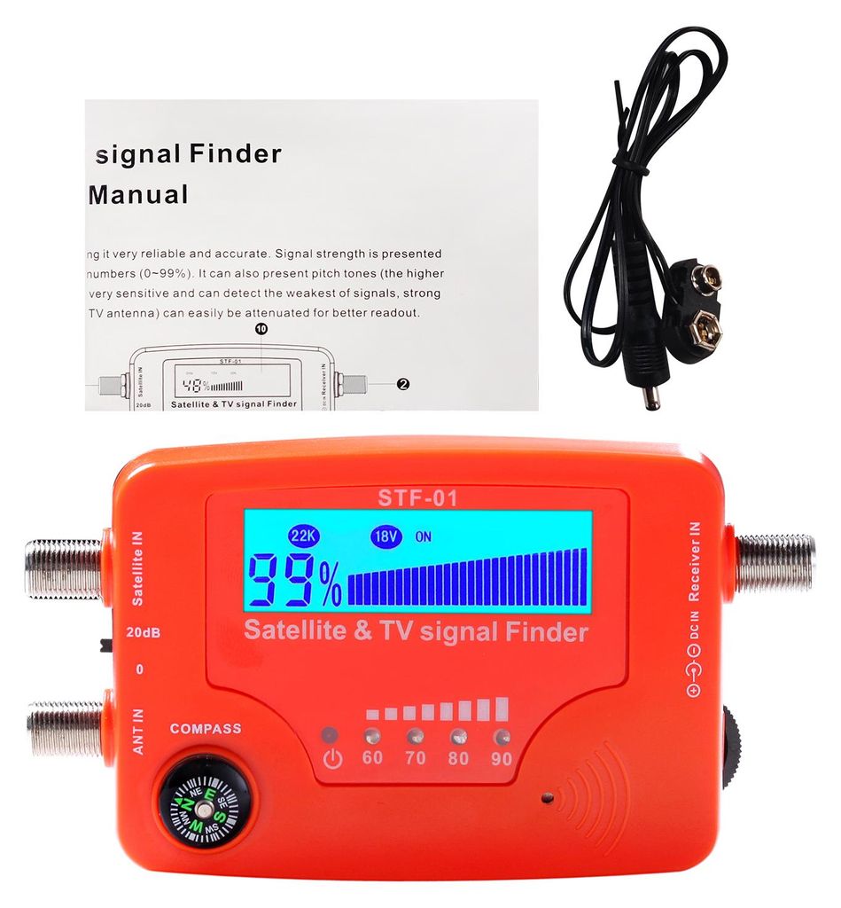 An orange satellite and TV signal finder device with a blue LCD screen, shown with its manual and connecting cables on a white background.