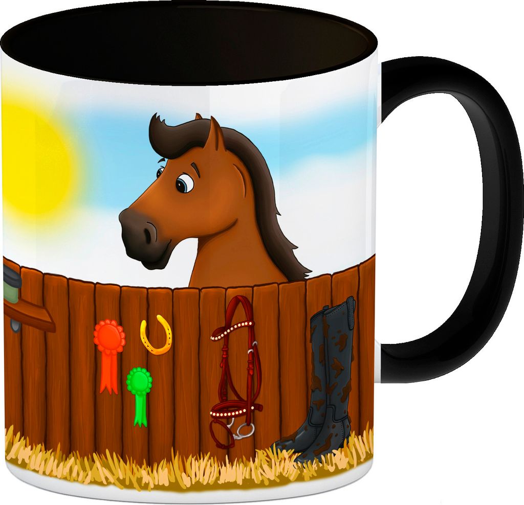 Kaffeebecher Henkel und Innenseite Schwarz mit Turnierpferd Motiv
