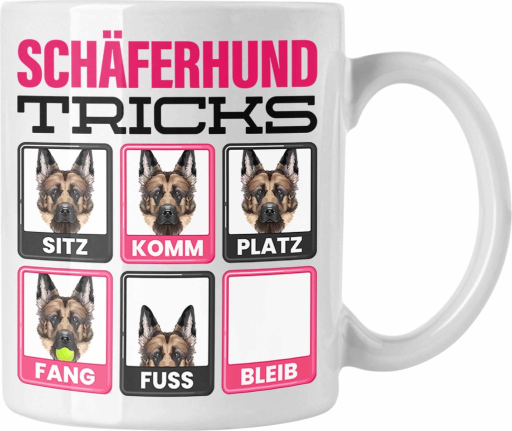Trendation - Schäferhund Besitzer Tasse Geschenk Lustiger Spruch Geschenkidee Schäferhund Tricks Bleib (Weiß)