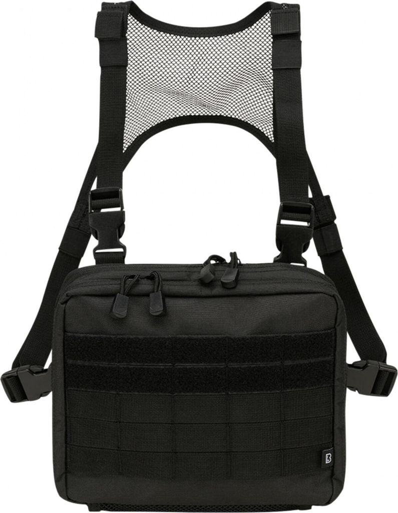 A black chest pack with straps and mesh on a white background.