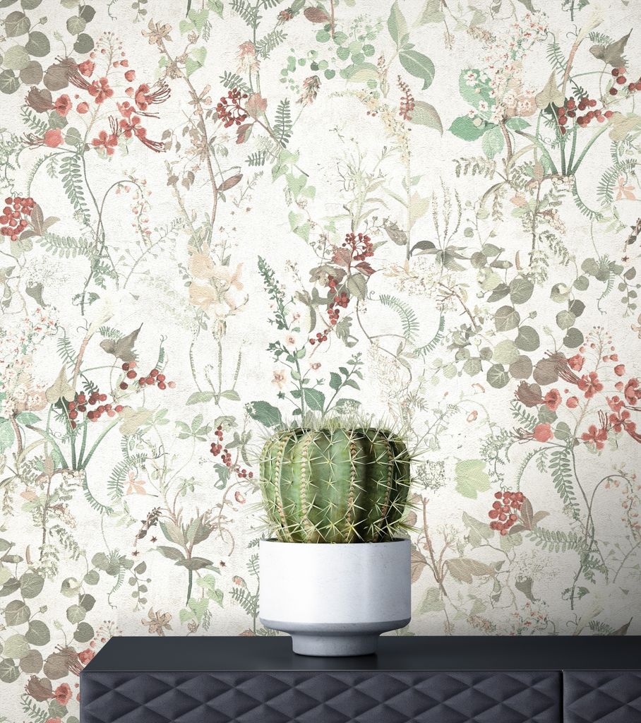 NEWROOM Tapete Weiß Vliestapete Dschungel - Dschungeltapete Floral Grün Rot Blumen Blätter Blumentapete Tropisch Mustertapete