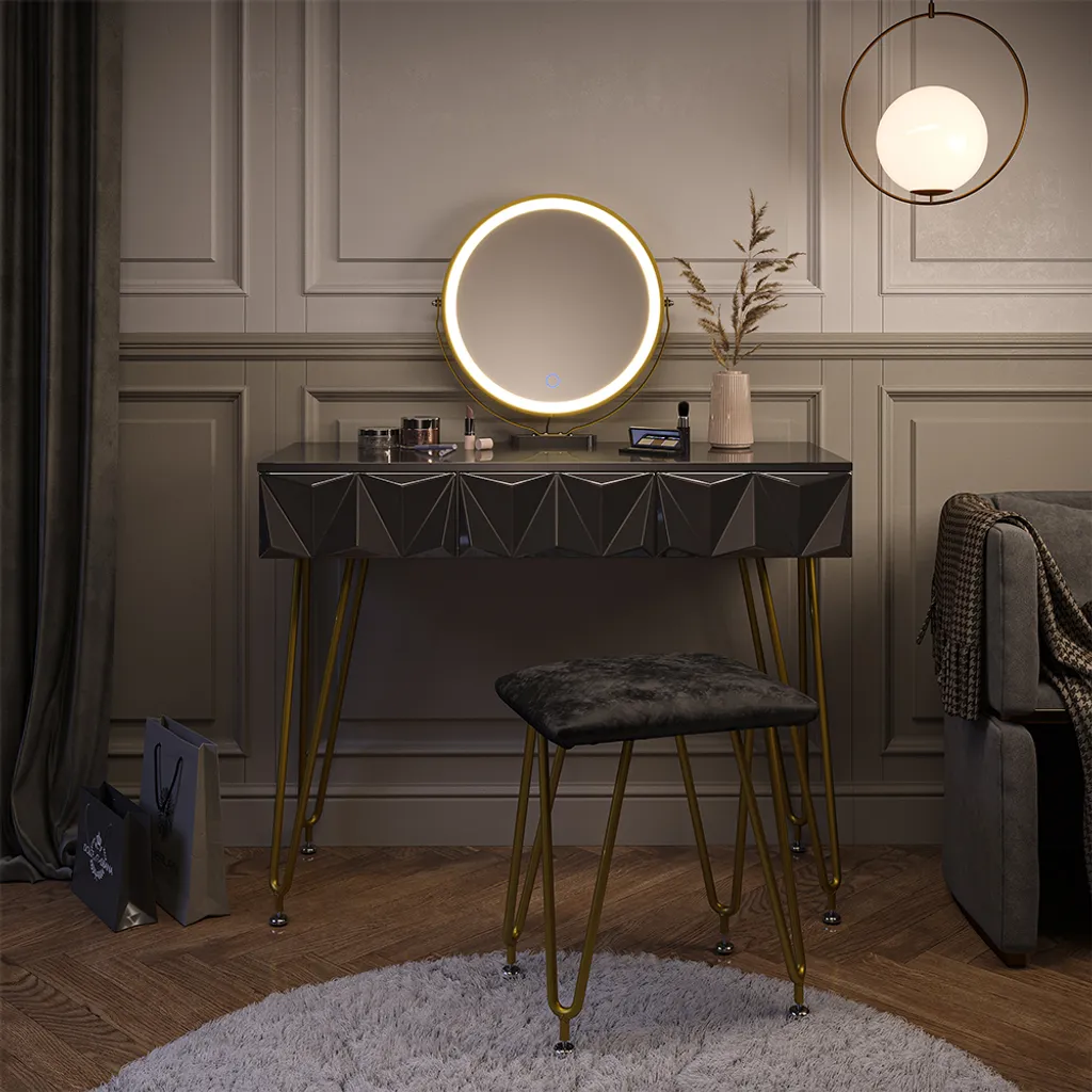 Table de Maquillage Vicco Ruby Noire avec Miroir Lumineux et son Siège