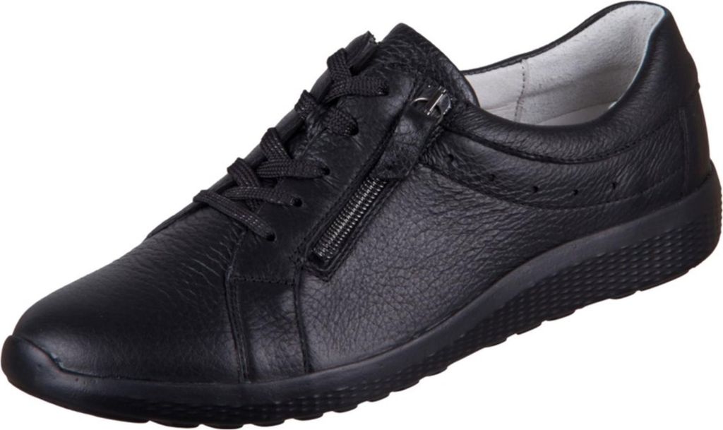 A single black leather sneaker is shown against a white background.