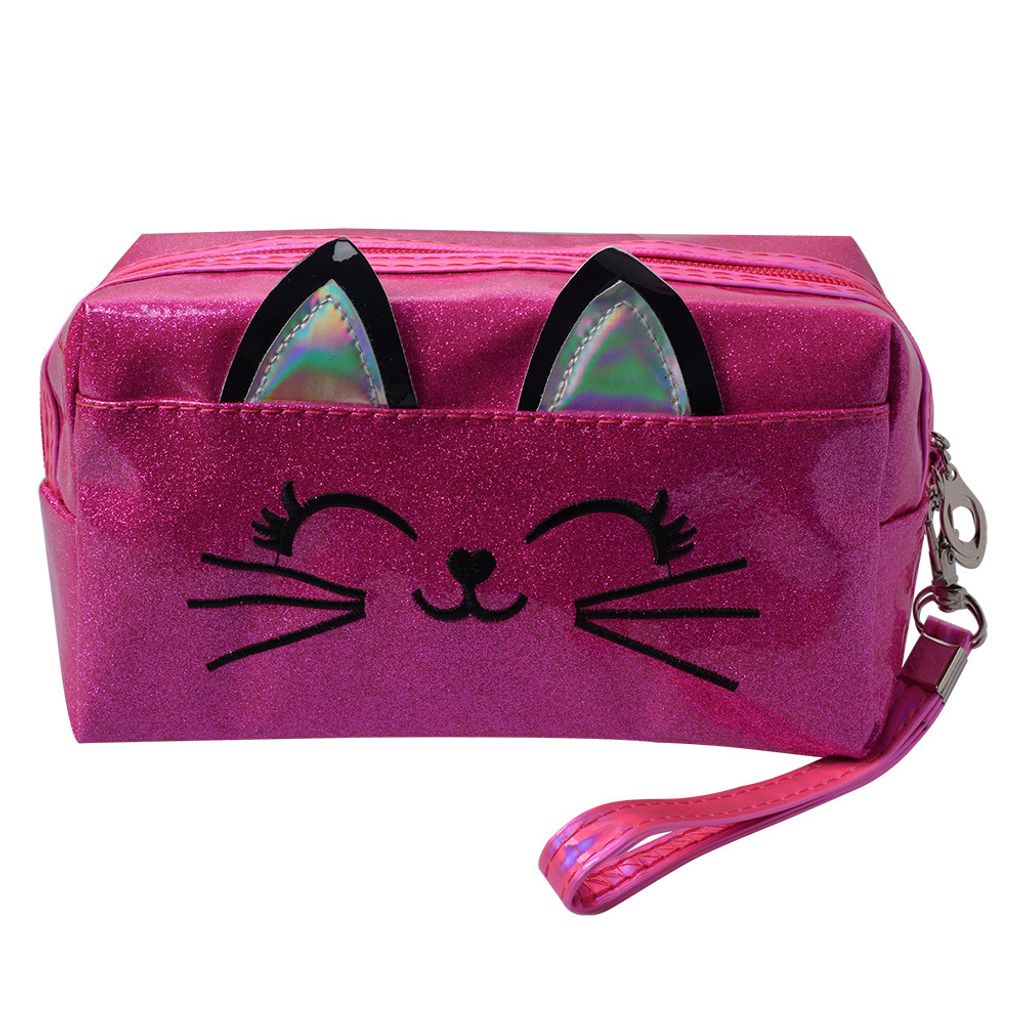 Clayre & Eef Damenkulturtasche Katze 18x10 cm Rosa Polyurethan