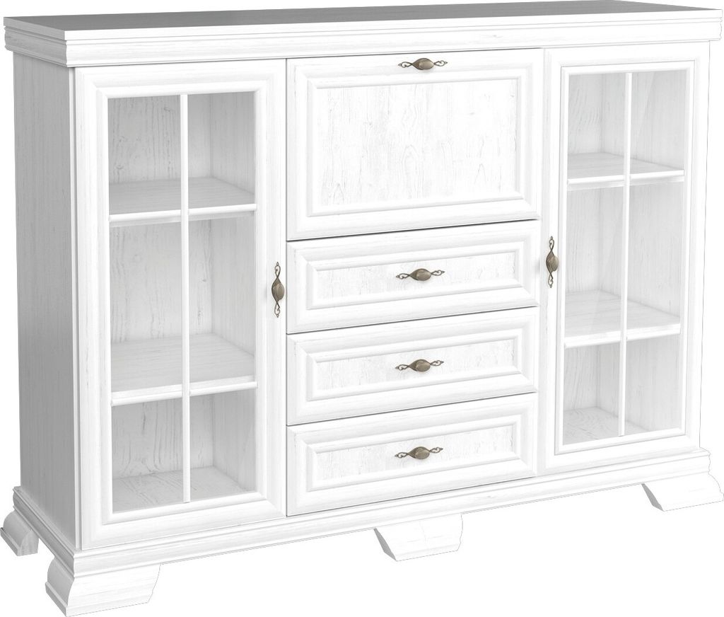 Furniture24 Kommode Kora KK6 highboard Anrichte Barschrank Barkommode mit 1 Klapptür, 2 Drehtüren und 3 Schubkasten Andersen Kiefer