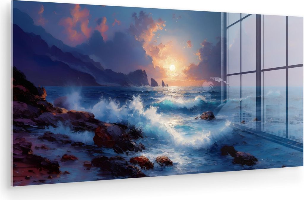 MuchoWow Glasbilder - Bilder auf Wandbild - Foto auf Glas Wellen - Meer - Bunt - Felsen 120x60 cm Wanddekoration aus Glas - Acrylglasbild - Acrylbi...