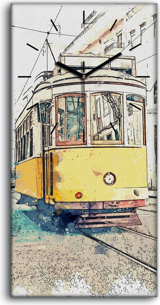 Wanduhr Leinwand Bild Uhr Quarz 30x60 Skizze mit Aquarell Straßenbahn City - schwarze Hände