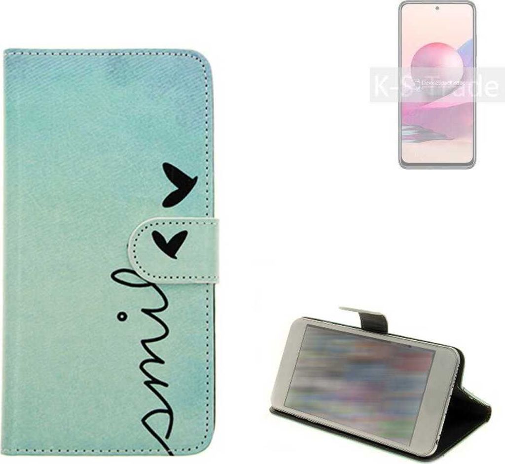 K-S-Trade Schutz Hülle Handy Hülle kompatibel mit Xiaomi Redmi Note 10S Hülle Handyhülle cover bookstyle Etui Handyhülle ''smile'' türkis