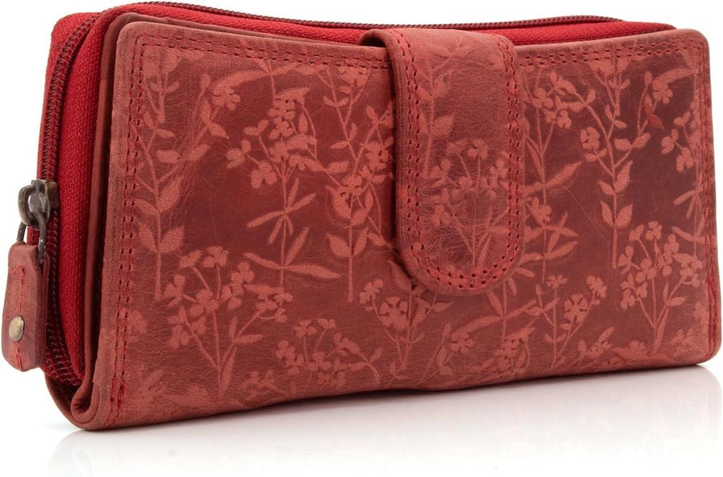 Damen Portemonnaie XL aus Echtleder mit RFID-Schutz – mit Blumenmotiv, viel Platz für Karten & Münzen – Elegante Große Brieftasche für All...