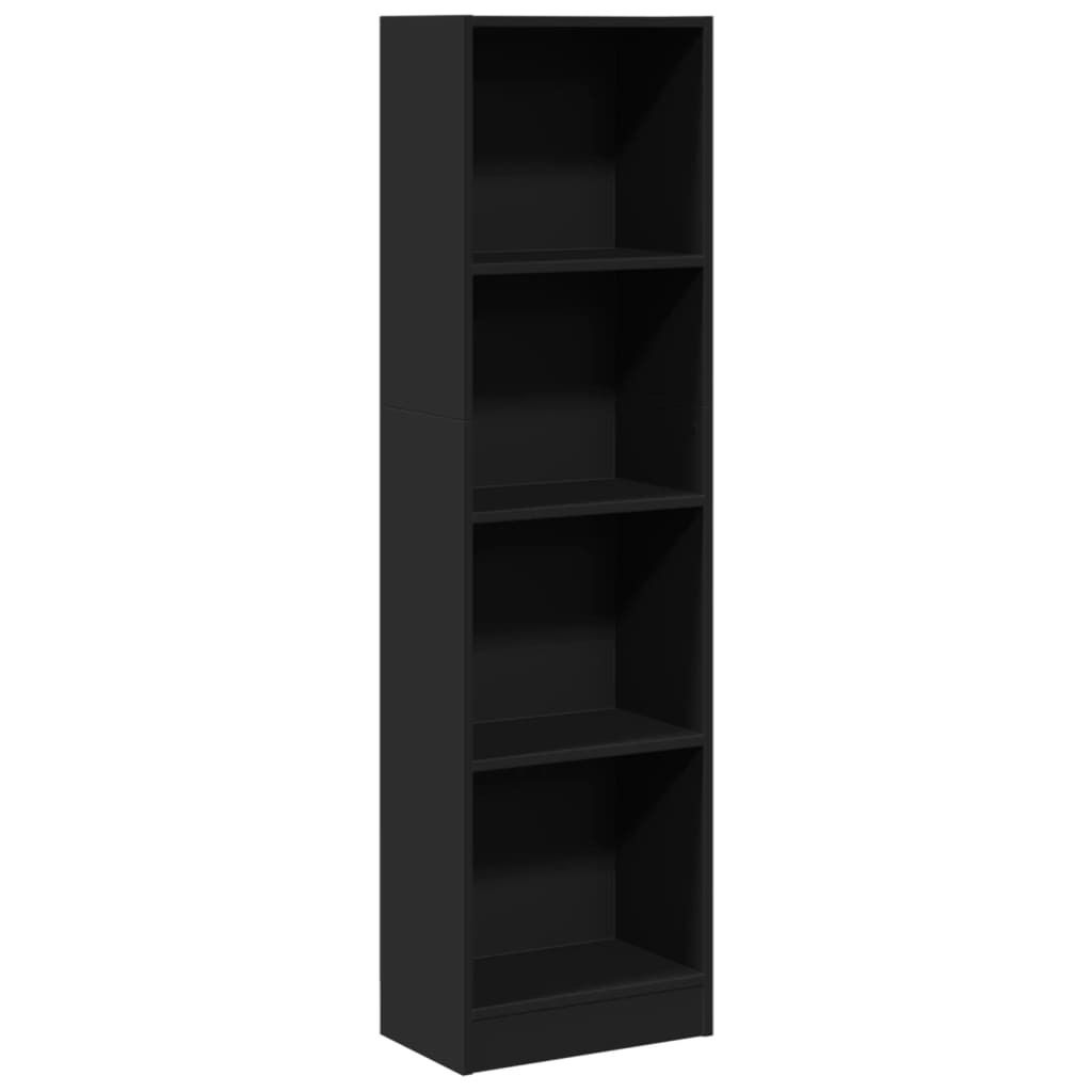 A tall, narrow black bookshelf with four shelves.