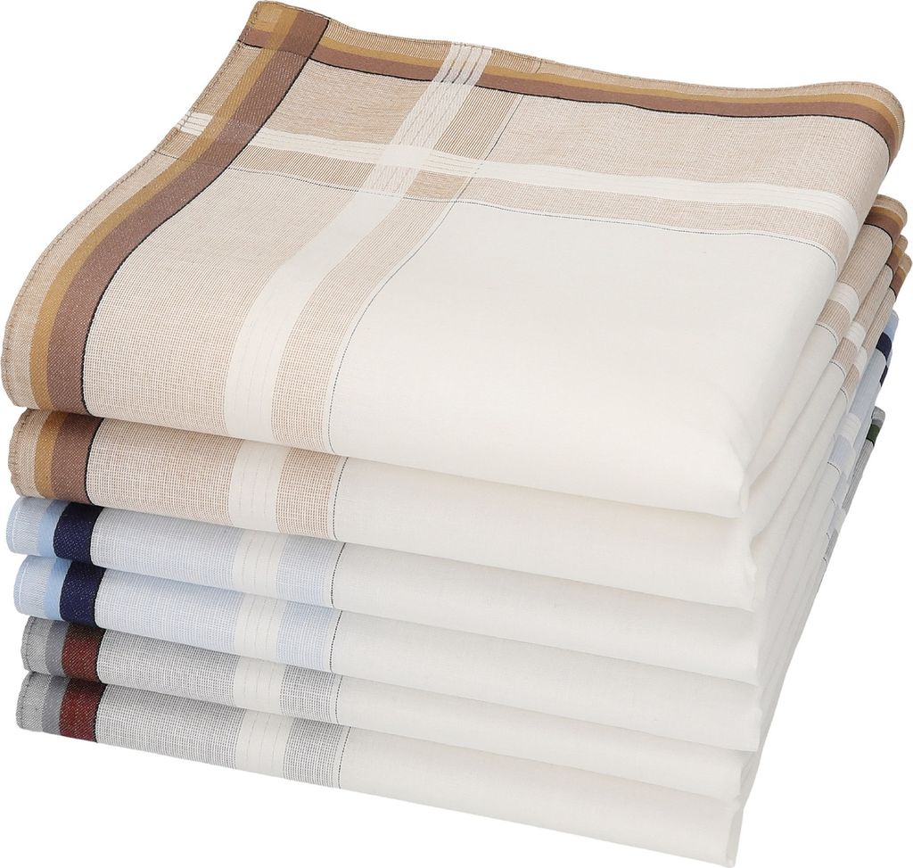 A stack of folded handkerchiefs with different colored borders.