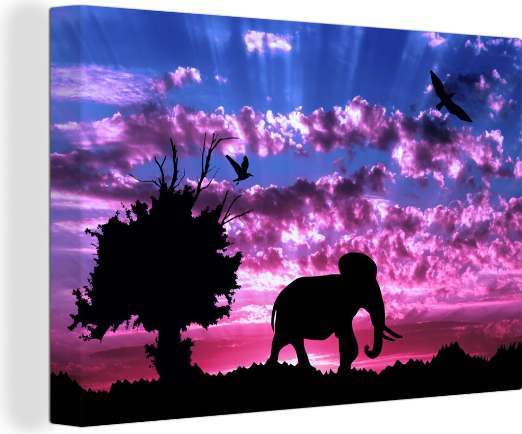OneMillionCanvasses - Leinwandbilder - 150x100 cm, Elefant - Vogel - Baum, Wandbilder Kunstdruck Wanddekoration