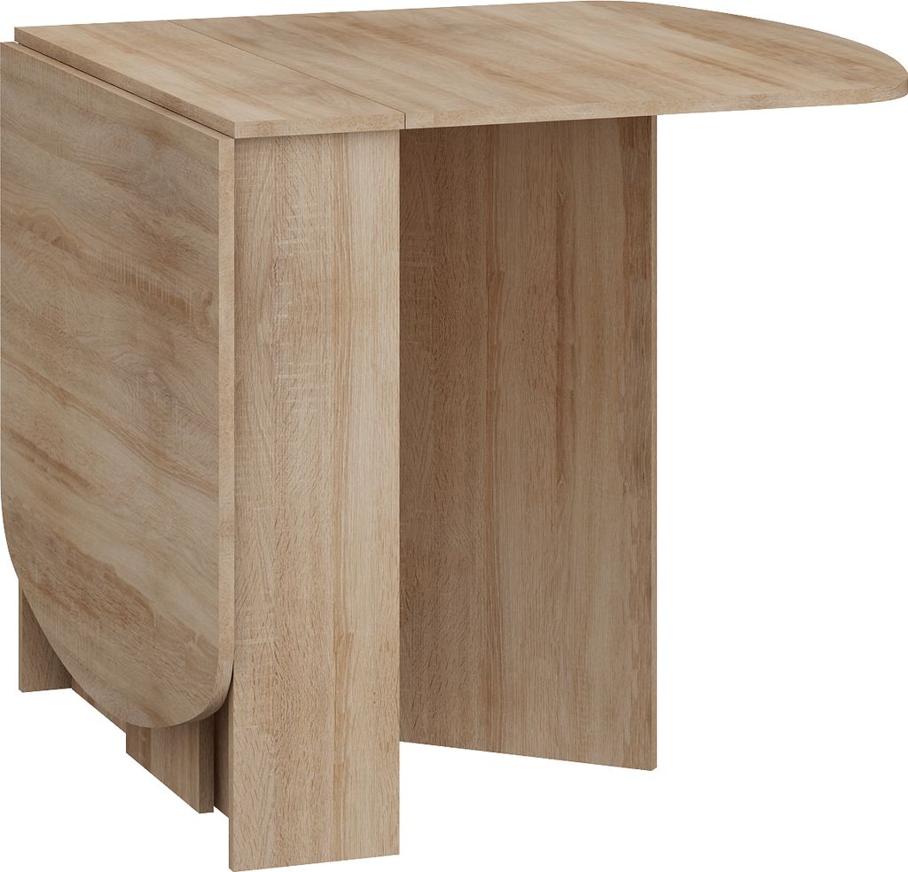 A wooden drop-leaf table with one leaf extended.