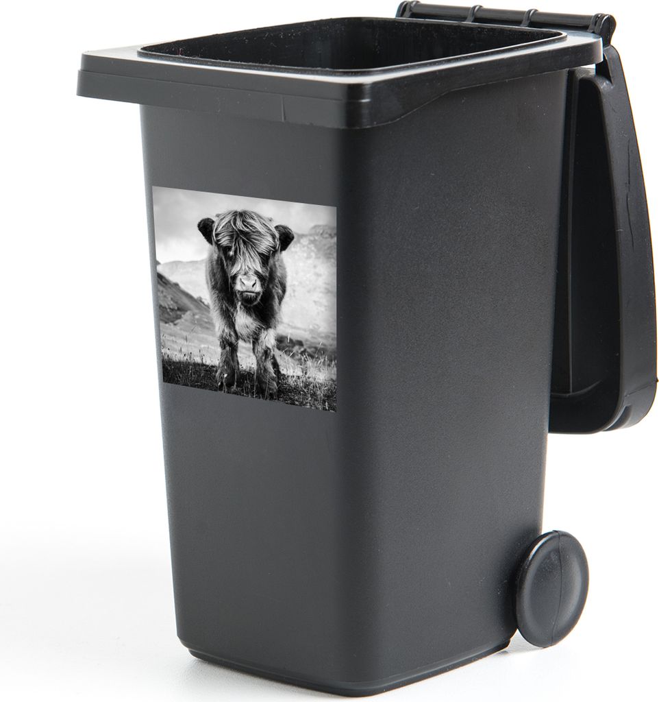 MuchoWow Mülltonnenaufkleber Schottischer Highlander - Berg - Schwarz - Weiß 40x40 cm - Abfall-Aufkleber - Container - für Abfallcontainer