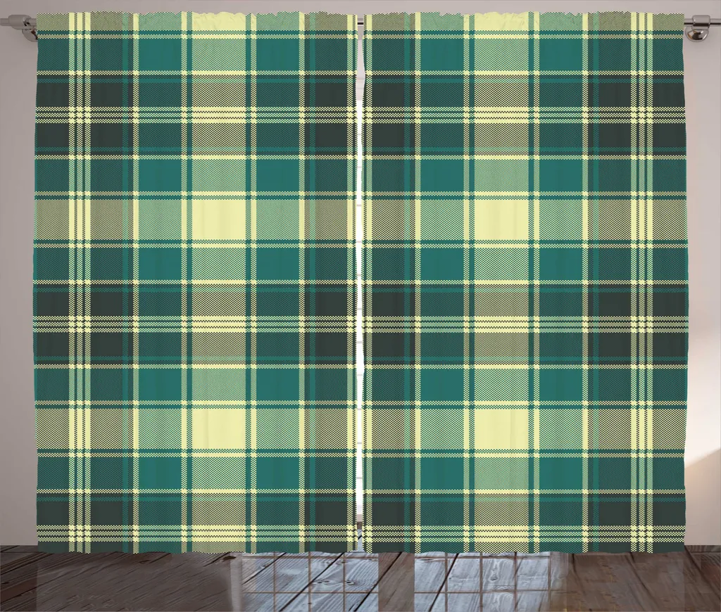 Rideau à Boucles et Crochets Motif Tartan Vert et Jaune en 280 x 225 cm