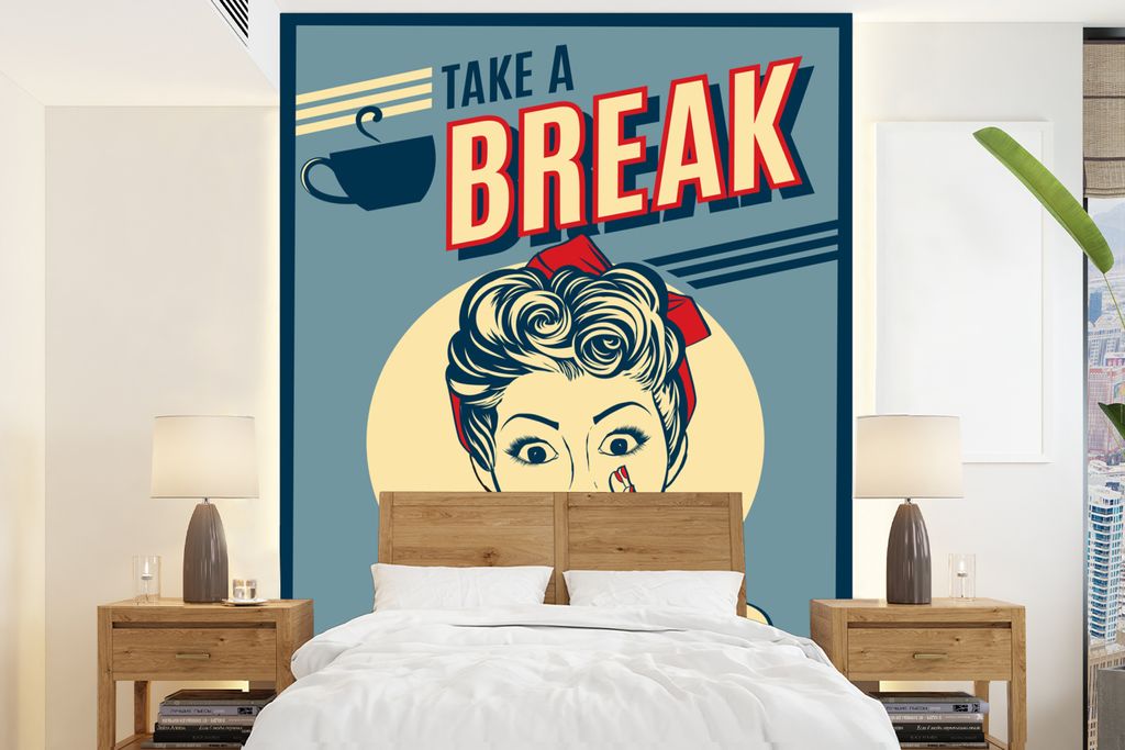 MuchoWow Fototapete für Wohnzimmer oder Schlafzimmer Wandtapete Vinyl Motivtapete Frau - Vintage - Zeichnung - Zitat - 190x260 cm - Papiertapete