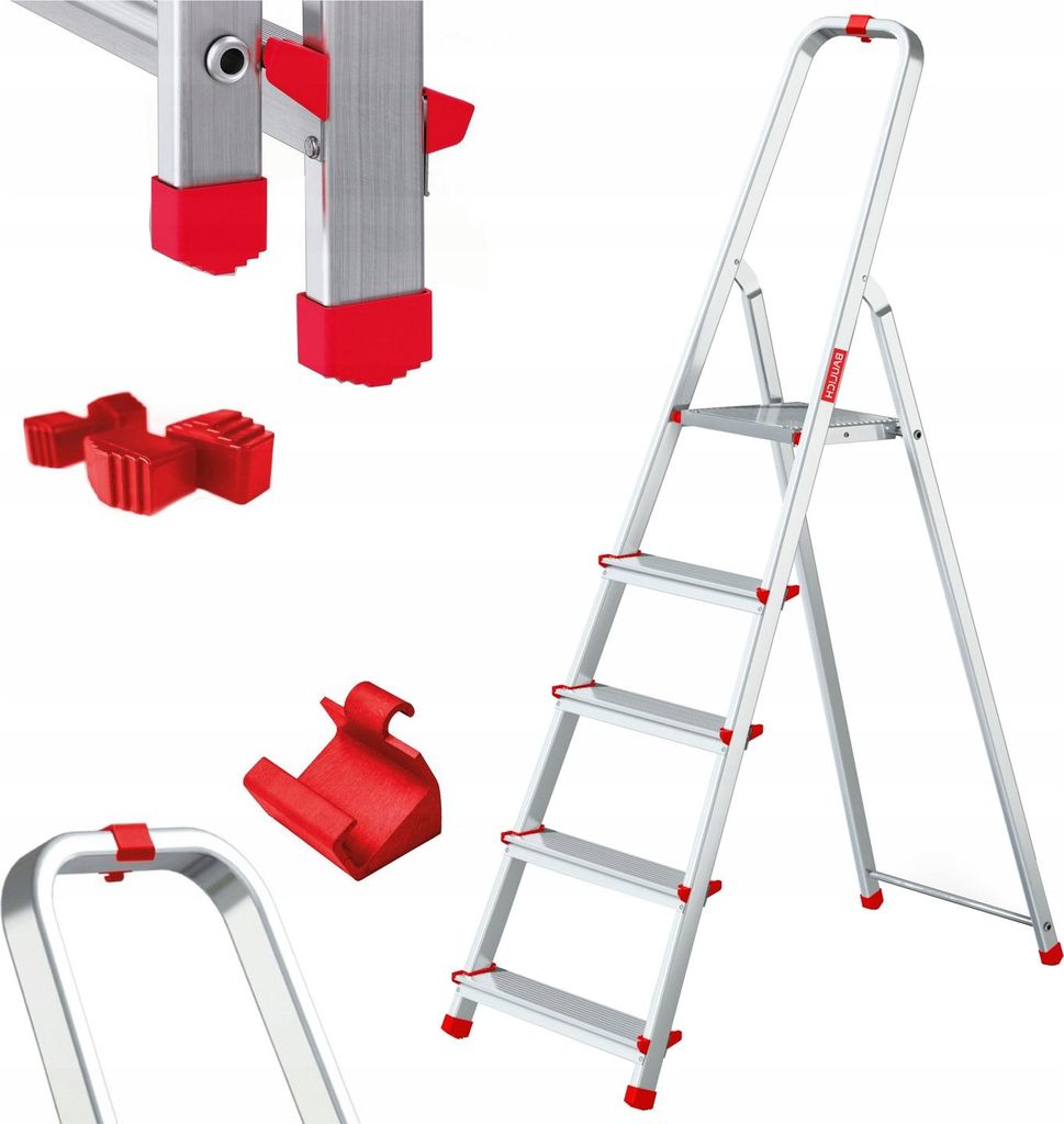 Baulich | Aluminium Haushaltsleiter - 5 Stufen - Max. Belastung 125 Kg - Klappbar - Haken- Und Stopperset Gratis