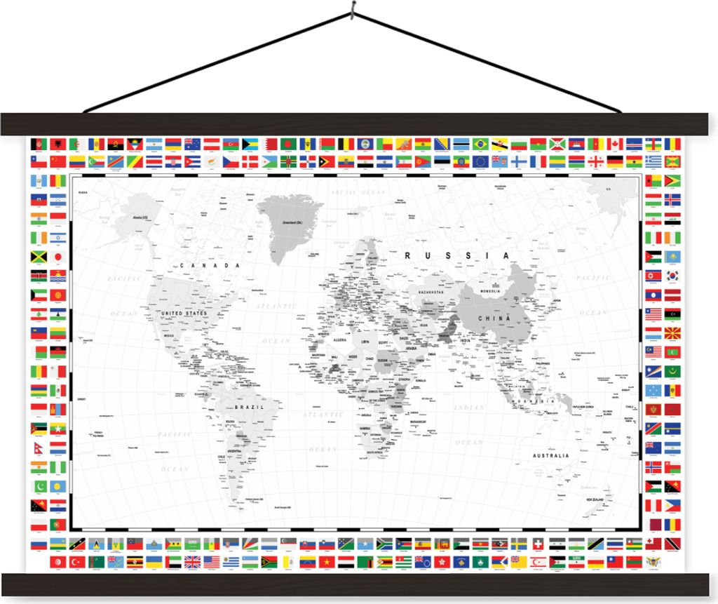 MuchoWow Textilposter Weltkarte - Schwarz - Weiß - Flagge 120x80 cm mit schwarzem Rahmen - Wanddeko