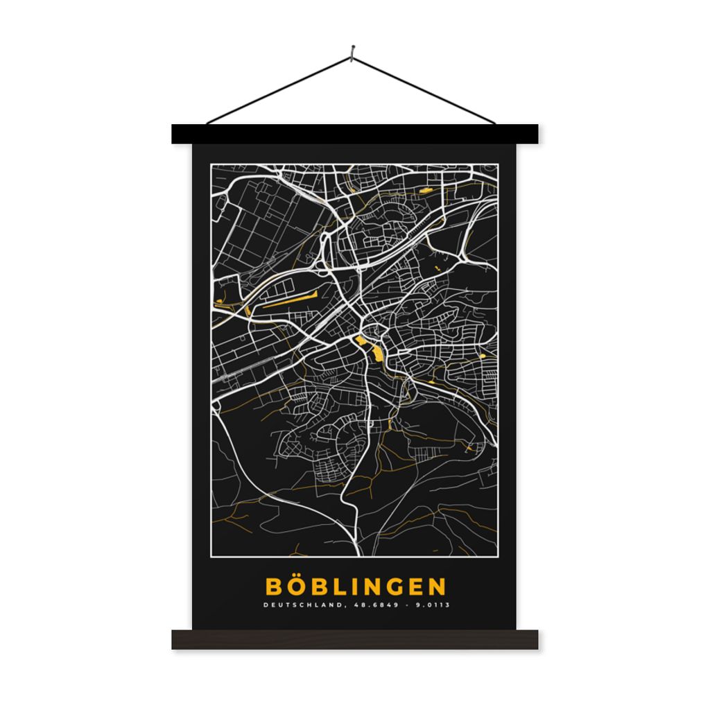 MuchoWow Textilposter Böblingen - Stadtplan - Gold - Karte - Deutschland 40x60 cm mit schwarzem Rahmen - Wanddekorationen