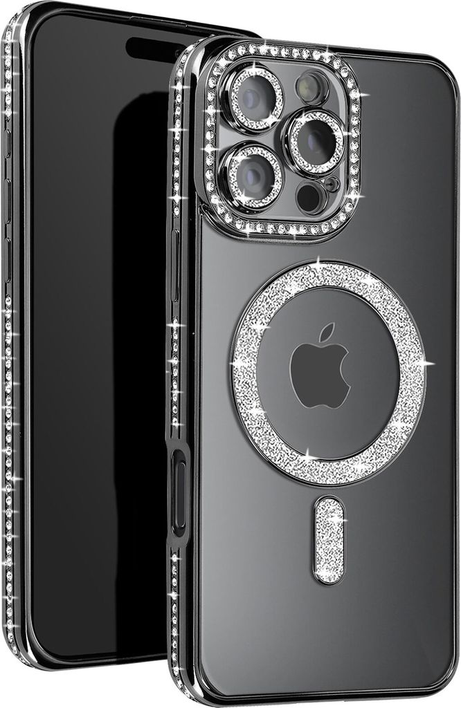 Avizar, Diamant-Hülle für iPhone 16 Pro – MagSafe-Schutz mit Strass-Rand, Schwarz