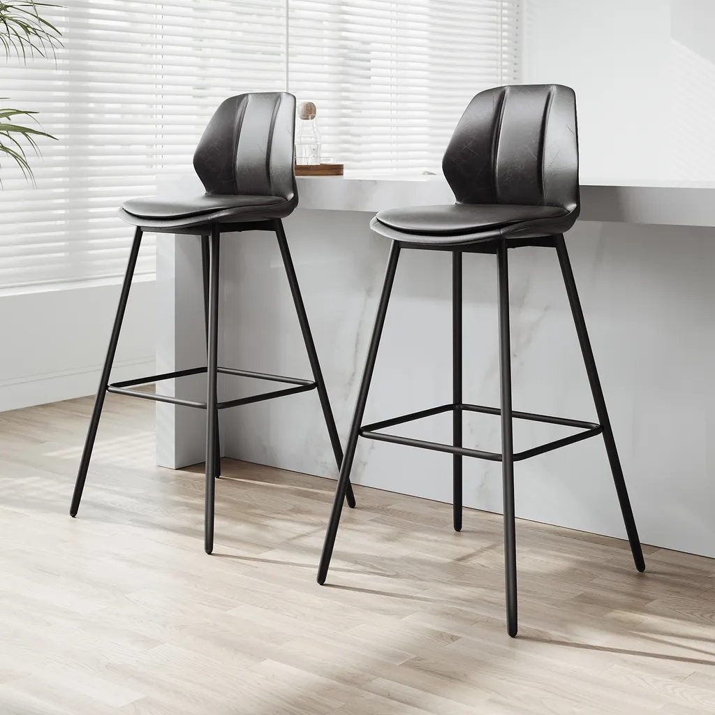 Chaises de bar robustes noires avec dossier, capacité 130kg (2 unités)