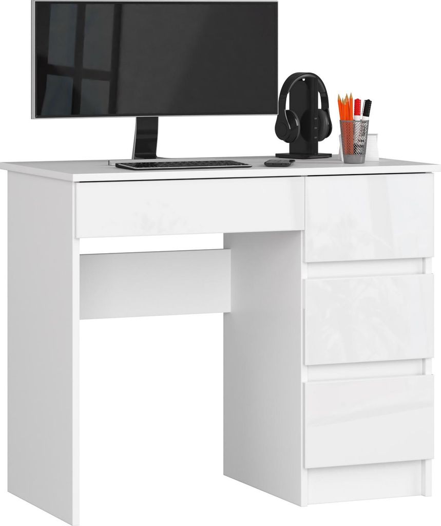 Computerschreibtisch – Schreibtisch – Bürotisch – Büroschreibtisch – 90 cm – Weiß / Hochglanz – Kompakter Computertisch mit 4 Schubl...