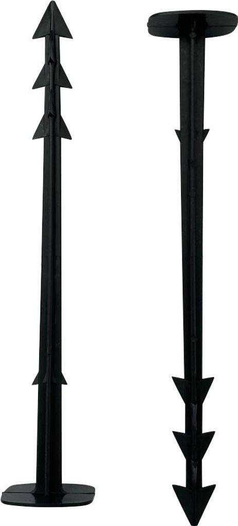 Two black plastic ground anchors are shown against a white background.