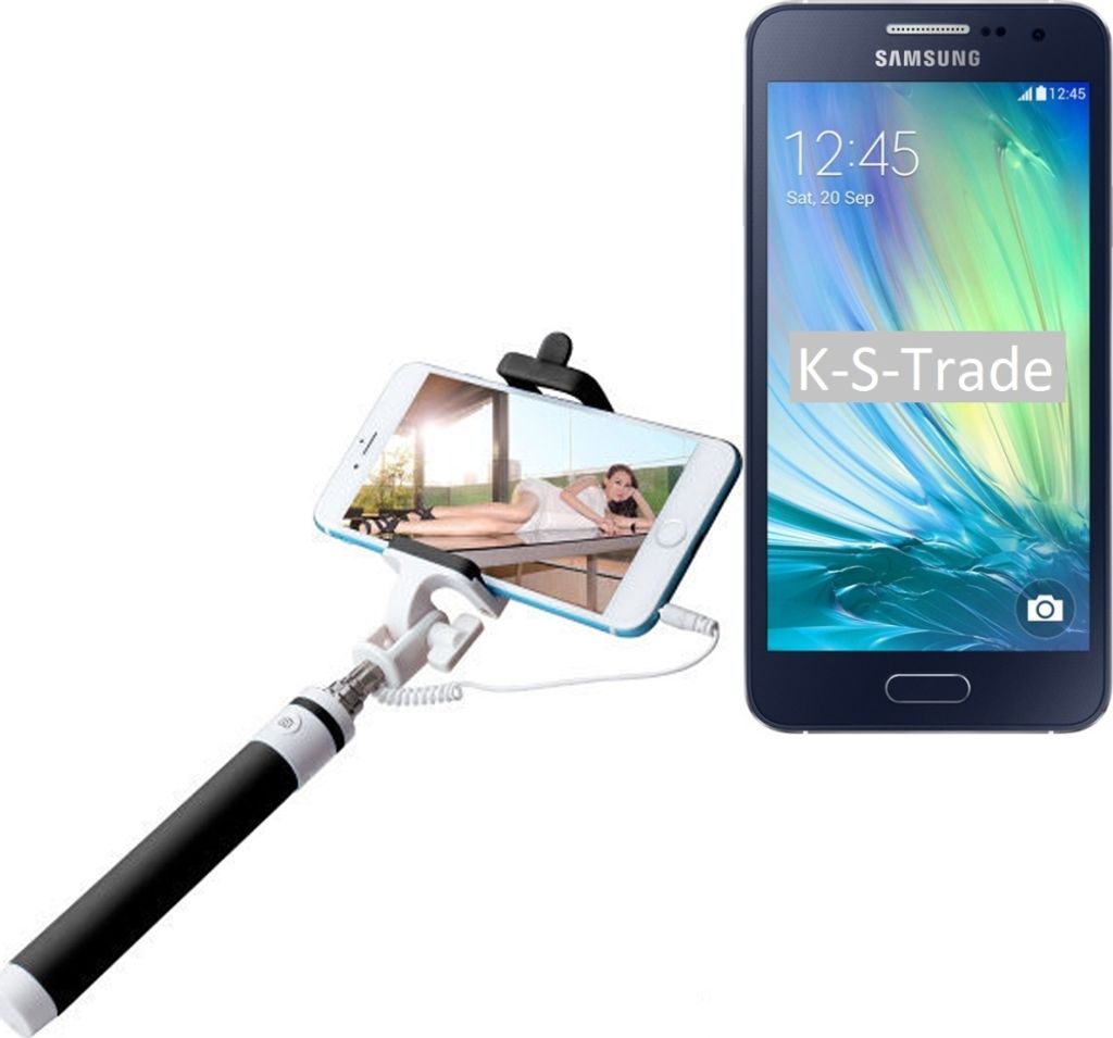 K-S-Trade Selfie Stick kompatibel mit Samsung Galaxy A3 Selfiestick kabelgebunden Monopod mit Kabel Stab Stange Selfportrait Handheldstick schwarz 1x
