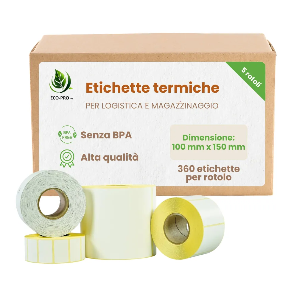 Set 5 Rotoli Etichette Termiche 100x150mm ECO-PRO PAP | BPA Free High-Tac
